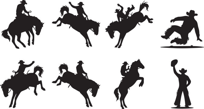 Set of bronc riding silhouettes featuring cowboys on bucking horses and traditional rodeo action poses