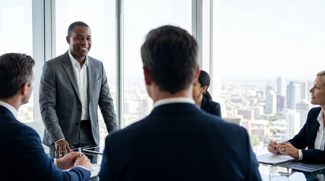 Businessman presenting to colleagues in modern office with city view leadership and team collaboration concept