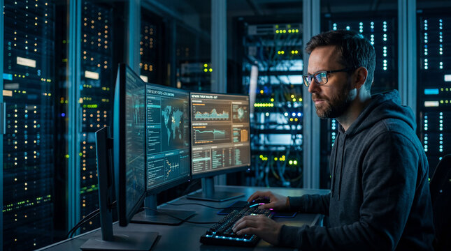 Man monitoring cybersecurity dashboard in server room with data graphs and world map for network security concept