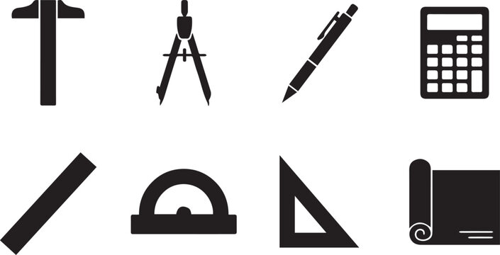 Set of drafting and engineering measurement tool icons featuring ruler compass protractor calculator and blueprint silhouettes
