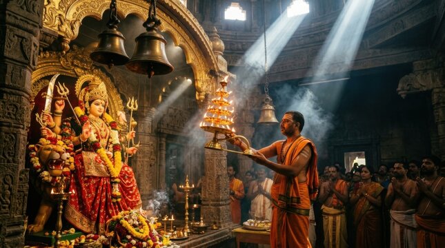 Priest Offering Aarti To Goddess Durga