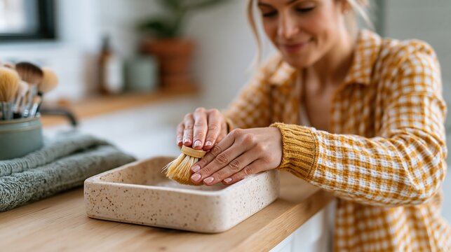 In a bright and cozy kitchen, a woman carefully cleans her makeup brushes, highlighting the importance of self-care, beauty routines, and creating an inviting artistic atmosphere.