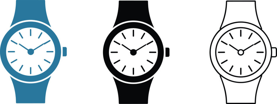 Wrist watch icon vector set with classic analog clock hands outline silhouette flat style isolated on white background