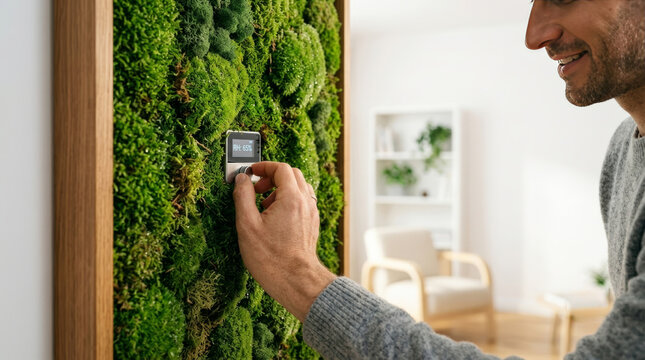 Man adjusting sensor on vertical living moss wall