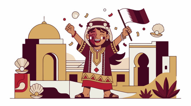 Happy Qatari child celebrating national day with flag and traditional clothing. EPS Editable