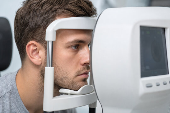 Young man getting his eyes checked by a professional optometrist using a modern autorefractor machine in a bright clinic for a routine vision health examination