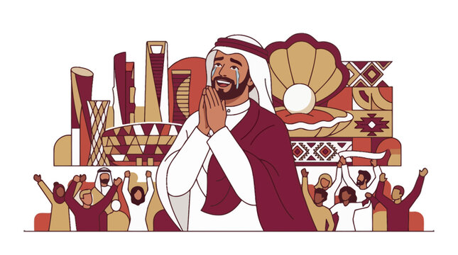 Qatari man celebrating with crowd and Doha skyline illustration. EPS Editable