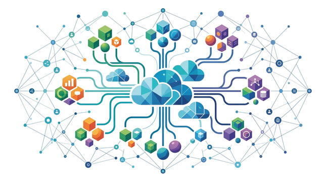 Global cloud computing network infrastructure with connected geometric data blocks.
