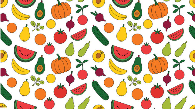 Seamless fruit and vegetable vector pattern illustration background with colorful organic food icons doodle cartoon design elements