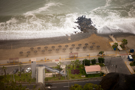 Coastal aerial views of the beach in Miraflores, Lima in Peru.