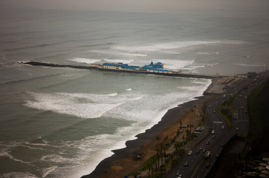 Coastal aerial views of the beach in Miraflores, Lima in Peru.