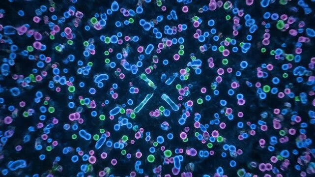 Glowing microscopic structures, elongated forms and spheres in various colors, on a dark, textured backdrop
