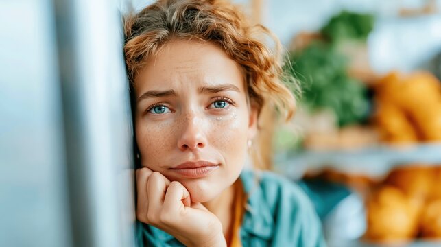 A close-up of a woman with curly hair in a cafe, showing deep emotions through her tearful expression, evoking feelings of vulnerability and introspection in a cozy setting.