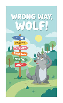 Flat Vector Children Book Cover Featuring Lost Wolf and Direction Signpost in Pastel Forest