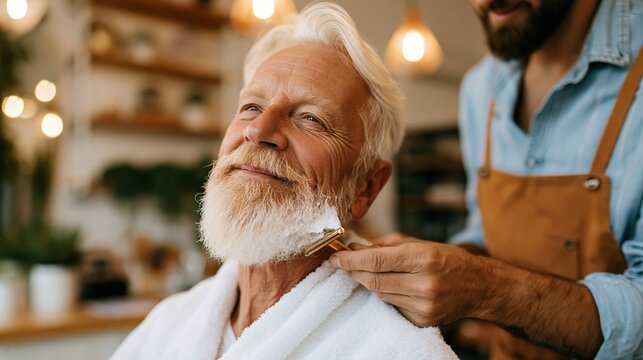 A content elderly man being shaved by a professional barber in a cozy shop, reflecting moments of care, relaxation, and grooming for the mature individual.