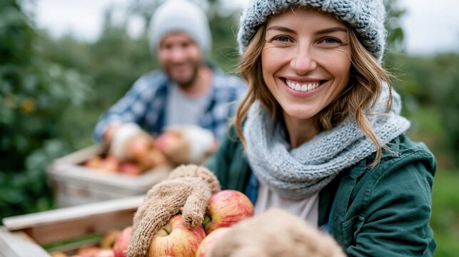 A joyful young woman holds freshly picked apples, showcasing a sense of community and collaboration while a person in the background assists with the harvest in a lush orchard.