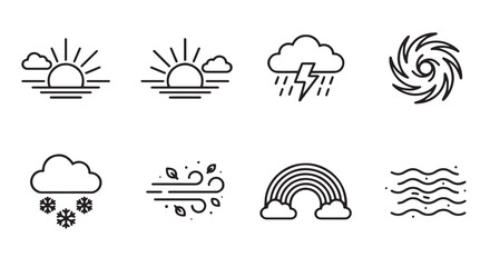Obraz premium Weather conditions vector icon set with sun, clouds, rain, snow, wind, rainbow, and storm symbols, perfect for digital design and forecast applications