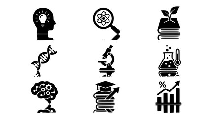 Obraz premium Abstract knowledge growth and science research icon vector set with creative brain power symbols and linear gradient reflections isolated on white background