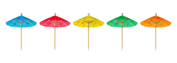 Obraz premium Five patterned colorful cocktail umbrellas isolated on transparent background.