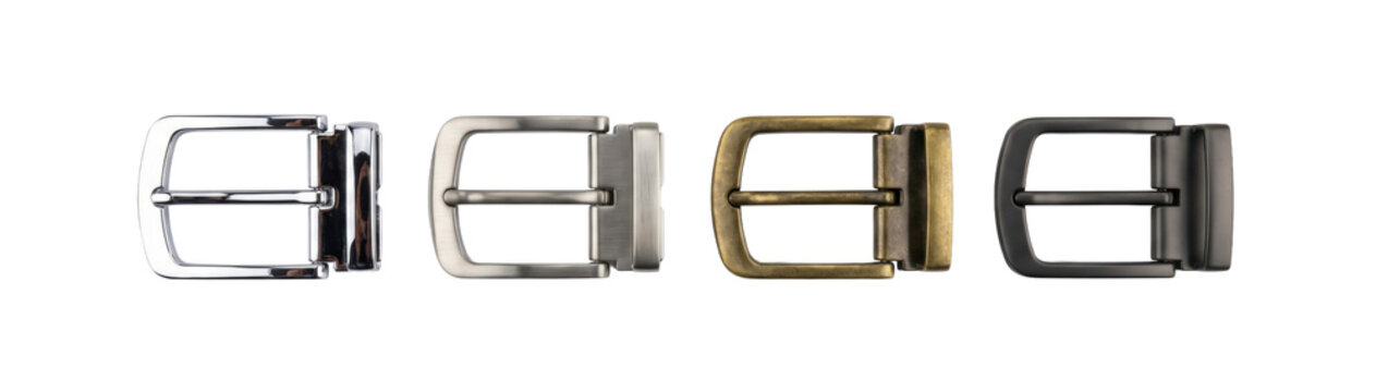 Row of four classic metal belt buckles isolated on transparent background.