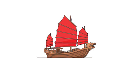 Traditional chinese junk sailboat illustration with red sails and carved dragon figurehead © Sagor