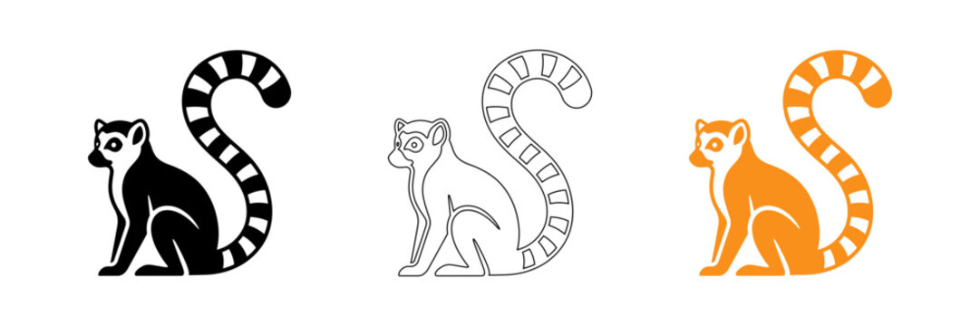 Lemur illustrations set black outline and orange color variations