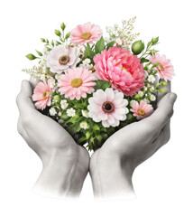 Naklejka premium PNG Hands cradle vibrant floral bouquet.