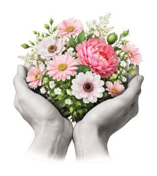 PNG Hands cradle vibrant floral bouquet.