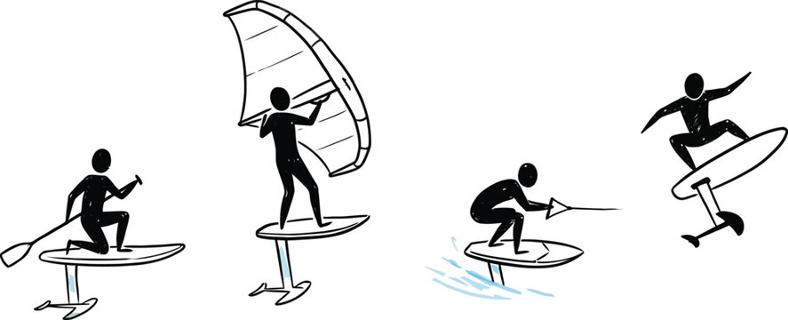 Silhouette style foil surfers in various poses on hydrofoil boards isolated on white background
