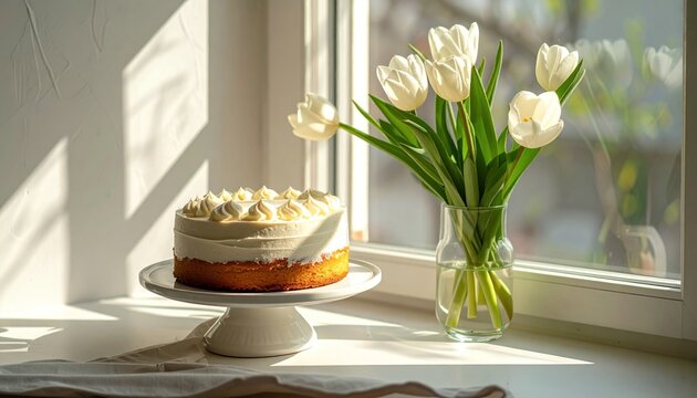 Sunlit cake on stand by window with vase of white tulips; soft light highlights textures and colors