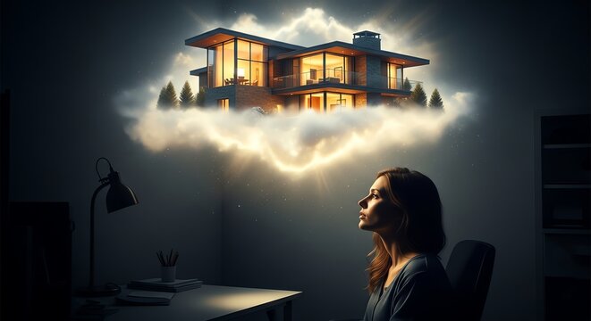 Woman imagining dream house in thought bubble at desk