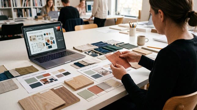 Woman selecting fabric swatches at desk with laptop displaying interior design concept board for home renovation project