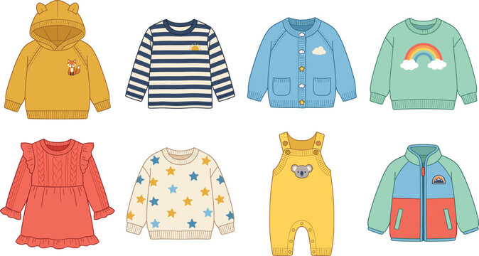 Cute Kids Clothing Vector Template Set Featuring Sweaters Cardigan Knit Dress and Infant Romper