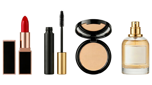 Set of luxury makeup products lipstick mascara powder and perfume.