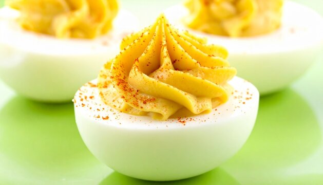 Close-up of classic deviled eggs sprinkled with paprika on a green plate
