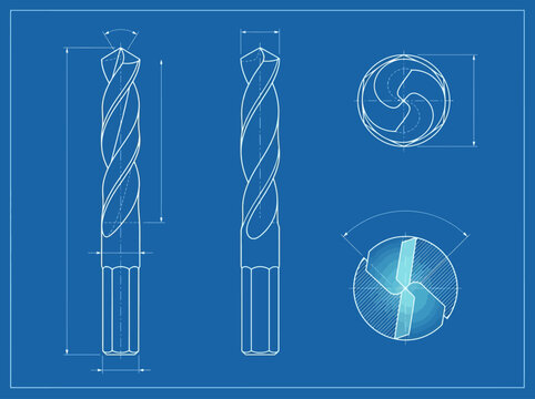 Technical blueprint drawing of a twist drill bit with dimensions. EPS Editable
