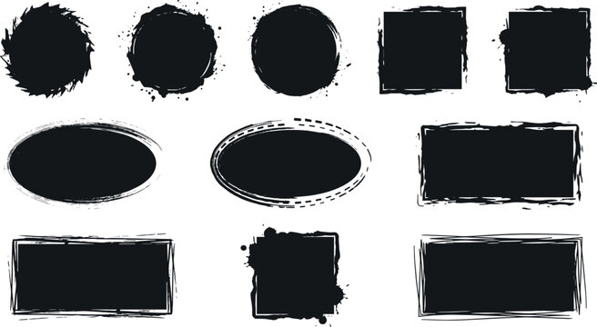 Grunge paint brush strokes vector illustration set featuring black ink splatters circles squares rectangles distressed frames borders and textured banner shapes.