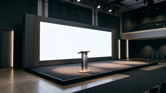 A conference stage with a podium and a large screen backdrop mockup for presentation