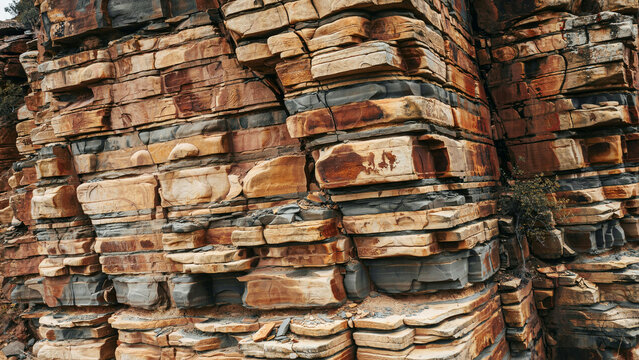 Close-up view of a rustic stone wall made of irregularly shaped stones