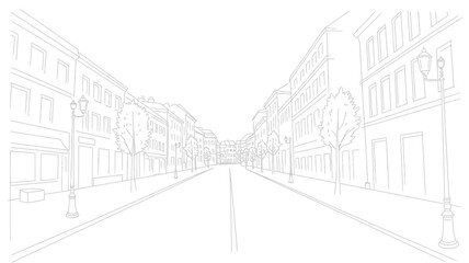 Fototapeta premium Empty city street perspective view sketch with historic buildings trees and street lamps linear contour vector illustration on background.