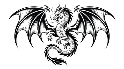 Fototapeta premium Winged dragon mythical creature black and white vector illustration in woodcut vintage engraved style isolated on a plain background.
