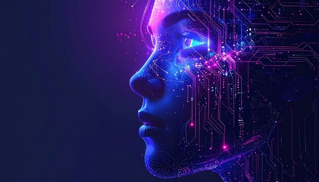 Futuristic digital face profile close up depicting artificial intelligence as a cyberpunk illustration with neon glow on a dark background.