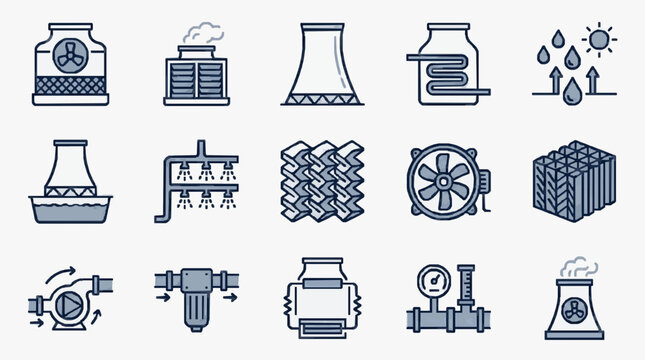 Industrial Water Treatment Equipment Icons.