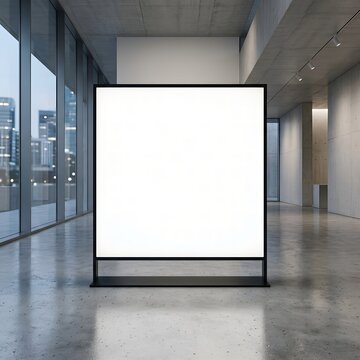 A large blank advertising mockup board stands in a modern office lobby with cityscape view through windows.