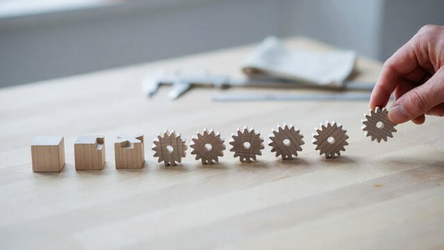 Wooden gears and blocks lined up in order on a table, conceptual of progress, learning, and development.