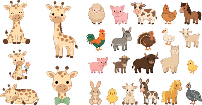 Cute cartoon farm animals vector collection set featuring baby giraffes pig cow horse sheep donkey chicken alpaca goat bull and rabbit on white background