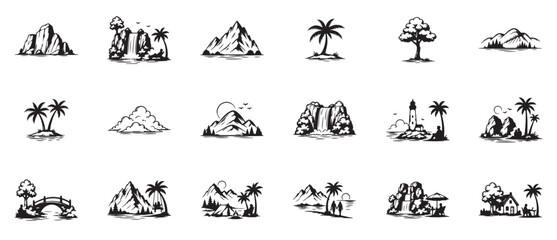 Fototapeta premium Set of minimalist nature landscape icons including mountains waterfalls palm trees and beaches in silhouette style