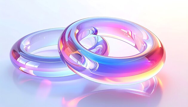 3d Glass Holographic Y2k Abstract Two Iridescent Glass Rings With Holographic Light Reflections in 3d Render Composition