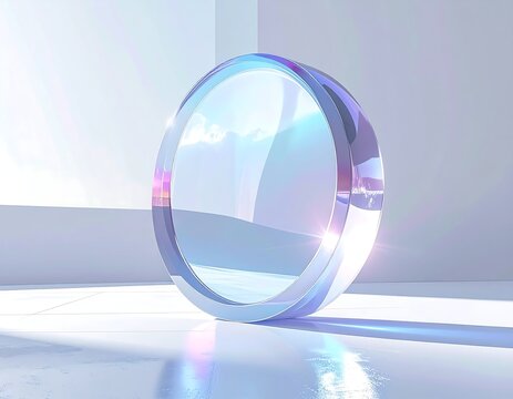 3d Glass Holographic Y2k Abstract 3d Render of Iridescent Circular Mirror Object in Bright Minimalist Studio Space With Soft Light Reflections And Copy