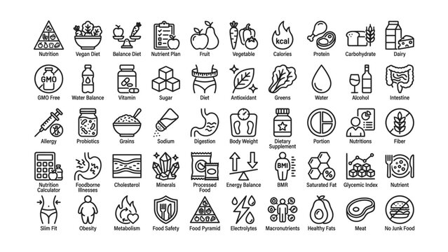Collection of black line icons related to nutrition and diet on white background